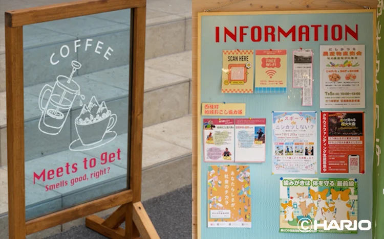 Two outdoor boards the left board shows a wooden frame with a chalk style coffee grinder and cup illustration and the text'COFFEE Meets to get Smells good, right?'; the right board is a blue information board titled 'INFORMATION' covered with various flyers and posters.