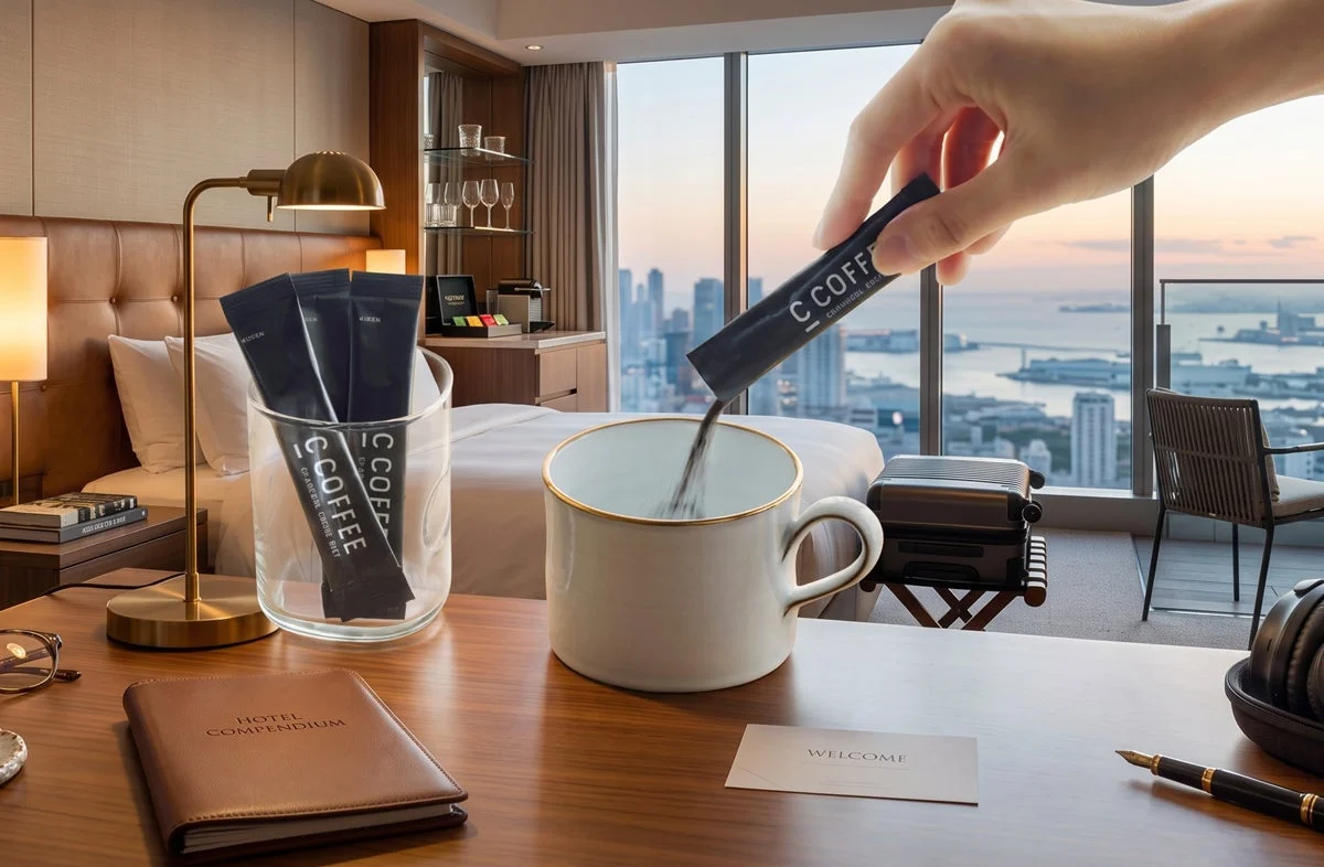 ホテル客室でC COFFEEを注ぐ様子