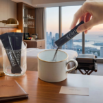 Guestroom desk with a hand pouring coffee from a small packet into a mug overlooking a city skyline through floor to ceiling windows
