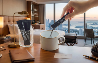 Guestroom desk with a hand pouring coffee from a small packet into a mug overlooking a city skyline through floor to ceiling windows