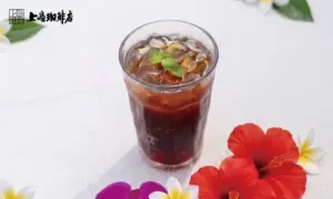Tall glass of iced hibiscus tea with mint leaves on a white surface surrounded by tropical flowers