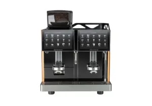 Dual group commercial espresso machine with two touchscreen control panels and a bean hopper on top for cafe use
