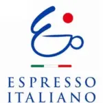 Espresso Italiano logo a blue stylized coffee cup with a red dot above a green white red stripe and the words ESPRESSO ITALIANO in blue