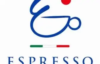 Espresso Italiano logo: a blue stylized coffee cup with a red dot above, a green-white-red stripe, and the words ESPRESSO ITALIANO in blue.