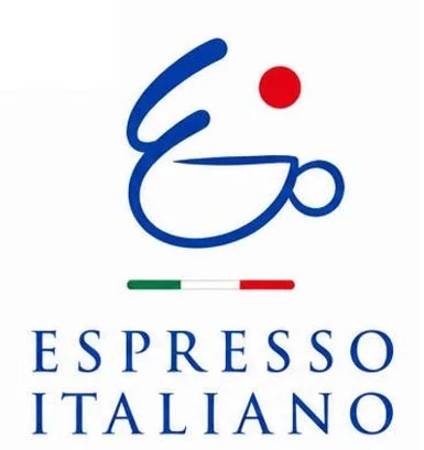 Espresso Italiano logo a blue stylized coffee cup with a red dot above a green white red stripe and the words ESPRESSO ITALIANO in blue