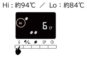 Digital panel of a coffee machine showing Hi 94°C  Lo 84°C a large selection bar and small icons beans cup thermometer