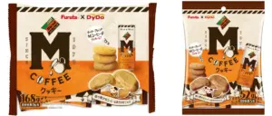 Two Furuta x DyDo M Coffee cookie packages left 168g left features stacked cookies and a coffee drink right 52g bag with cookies and milk carton both with large M logo and orange brown design