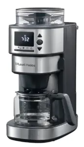 Russell Hobbs stainless steel coffee maker with integrated grinder and glass carafe