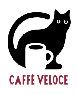 Logo depicting a black cat curved around a white coffee cup with CAFFÈ VELOCE in maroon letters beneath