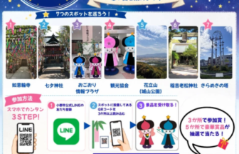 Poster for the Tanabata Stamp Rally: two mascot characters, starry night background, and seven location photos to collect stamps.