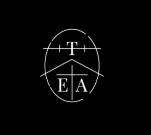 Circular emblem logo with geometric lines and the letters T E A arranged inside