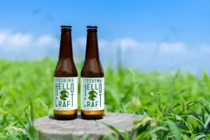 Two brown glass bottles labeled Itoshima Hello Craft IPA stand on a weathered stump in a grassy field with a blue sky backdrop