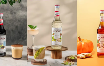Triptych of Monin syrup bottles with cocktails and garnishes on three distinct backgrounds.
