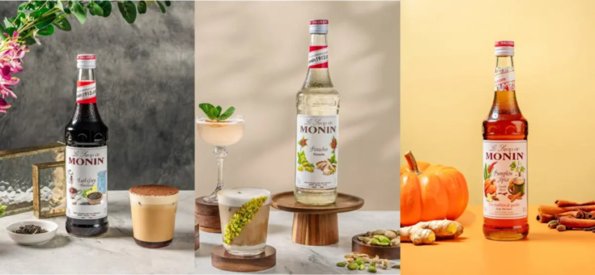 Triptych of Monin syrup bottles with cocktails and garnishes on three distinct backgrounds