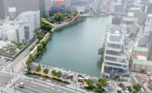 Aerial view of a city canal with a tree lined promenade and modern buildings along the waters edge