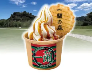 58bb6f28422e3638d9c3c66ec1cca558 | コーヒーステーション Vanilla soft serve ice cream with caramel drizzle in a cup topped with a wafer bearing Japanese text outdoors in a park setting