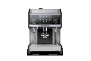 Commercial espresso machine with dual group heads and a touchscreen control panel