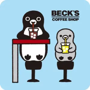Two cartoon penguins at a counter with drinks Becks Coffee Shop logo in the top right light blue background friendly cafe scene
