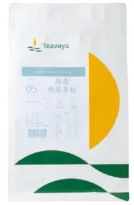Front of Teavoya Light Oolong Tea Bag package with Teavoya logo blue label and decorative orange semicircle and green arcs on white background