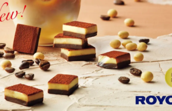 Assorted Royce chocolate squares on a light wooden surface with New in red and a yellow 数量限定 badge