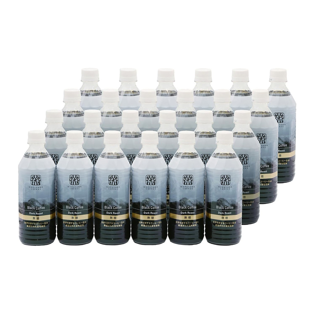 Row of bottled black coffee with white caps arranged in a grid labeled dark roast on blue gradient labels