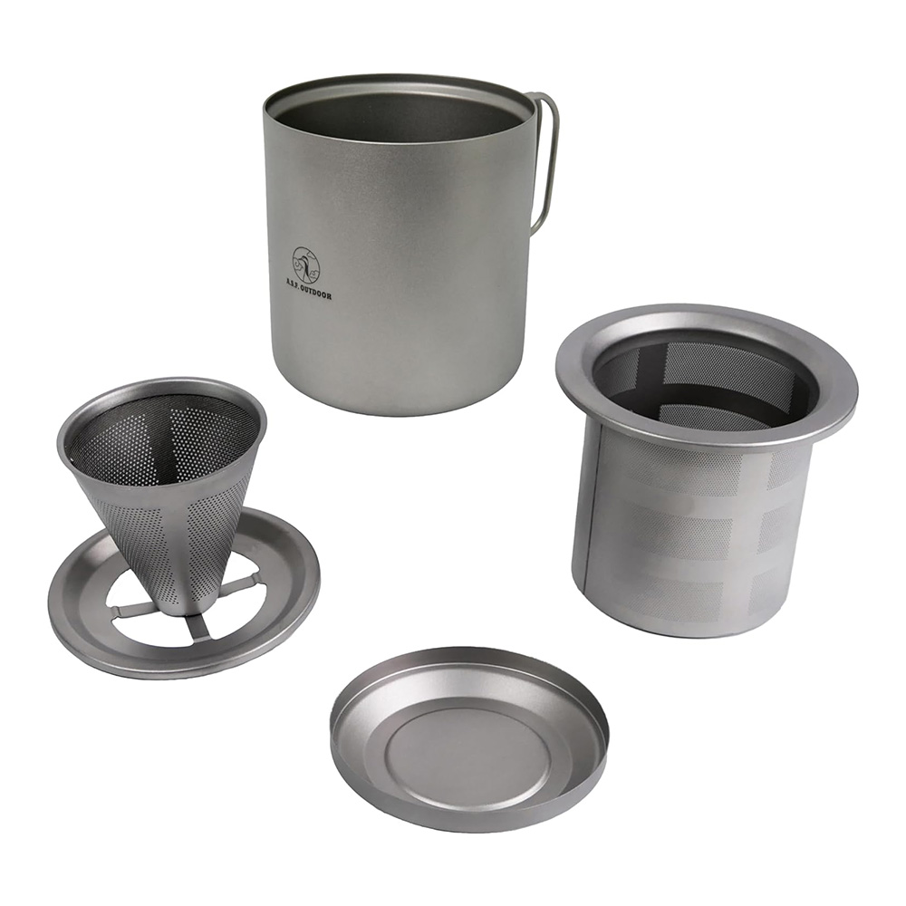 Stainless steel camping cookware set including pot mesh filter perforated strainer and lid