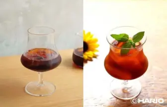Two cocktails side by side in stemmed glasses on wooden surfaces left is dark right is red with mint garnish and a sunflower in the background
