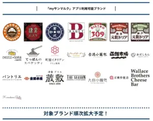 Logo collage of participating brands in the myサンマルク app including cafes and restaurants