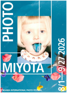 Poster for Miyota Photo Festival 2026 central portrait of a blonde child with a blue tongue on a blue background bold white text MIYOTA and vertical PHOTO dates 819262026