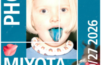 Poster for Miyota Photo Festival 2026 central portrait of a blonde child with a blue tongue on a blue background bold white text MIYOTA and vertical PHOTO dates 819262026