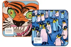 Two overlapping square panels a snarling orange tiger on the left and a flock of penguins on blue ice on the right