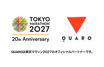 Tokyo Marathon 2027 20th Anniversary logo appears with the QUARO logo and a Japanese caption announcing QUARO as the official partner of Tokyo Marathon 2027.