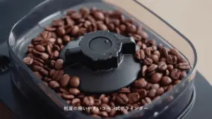 Coffee grinder hopper filled with roasted coffee beans and a central adjustment dial