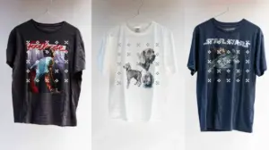 Three graphic tshirts on hangers black shirt with a scifi image on the left white shirt with dogs in the center navy shirt with a Star Wars design on the right