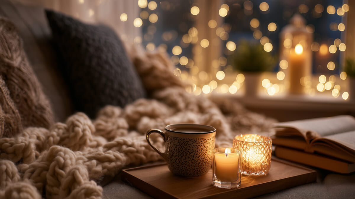 AdobeStock1848263244 | コーヒーステーション Cozy reading nook ceramic mug lit candle warm blanket and an open book on a wooden tray