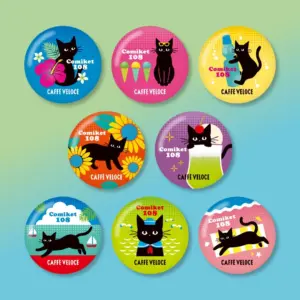 Nine vibrant round badges featuring a black cat and the text Comiket 108 and Caffè Veloce on various playful backgrounds flowers ice cream sunflowers drinks sails