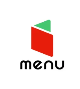 Logo for a brand named menu red angled shape with a green top triangle above and the word menu in black rounded letters