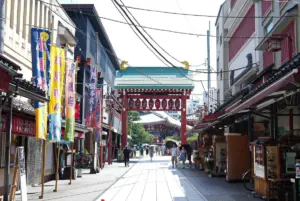 A sunny Japanese shopping street with colorful vertical banners a red torii gate and people strolling between shops