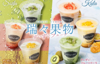 Colorful collage of six Seattles Best fruit smoothies in clear cups labeled Kiwi Pink Grapefruit Mango  Passion Fruit displayed on lime and aqua panels with water droplets