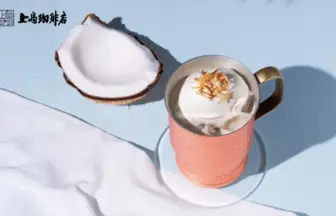Copper mug with whipped coconut cream topped with toasted coconut on a pastel blue surface beside a halved coconut
