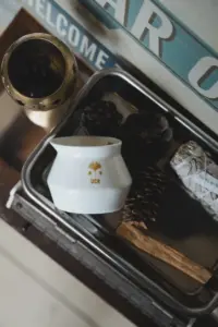 White ceramic cup with a gold UCR emblem sits on a metal tray among pinecones with a blue and white welcome sign in the background
