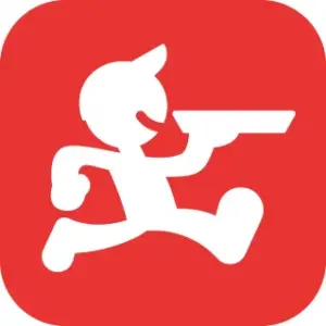 Icon showing a white running figure holding a long rectangular object gun like on a red rounded square background