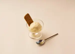 Vanilla ice cream scoop in a small glass dessert cup with a biscuit standing upright and a spoon nearby