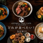 Top down view of six plated dishes around a central ANTIQUA TREE CAFE logo on a dark wooden table with curry pasta steak fried items and dessert visible