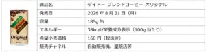ダイドー ブレンドコーヒー オリジナル缶の仕様表発売日2026年8月31日容量185gエネルギー38kcal100g表示希望小売価格160円税抜き販売チャネルは自動販売機量販店等