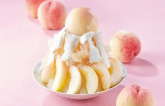 Peach dessert in a bowl with whipped cream, surrounded by peach slices on a pink surface.