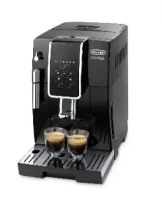Two cup espresso machine brewing into two glass cups on a metal drip tray with a milk frother wand on the left side