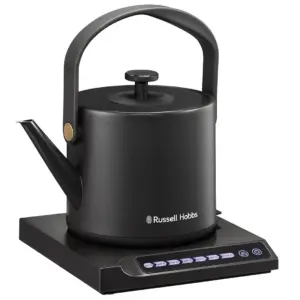 Black Russell Hobbs electric kettle on a black digital base with a control panel showing temperature presets and power button