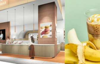 Interior of a Pierre Marcolin cafe with a curved counter and staff serving customers right side shows a banana and a whipped cream iced drink on a pastel backdrop