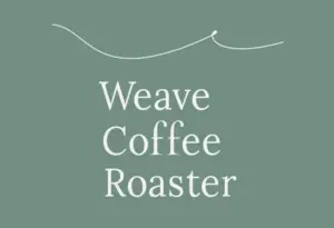 Weave Coffee Roaster logo on green background with white stacked text and a curved decorative line above the text